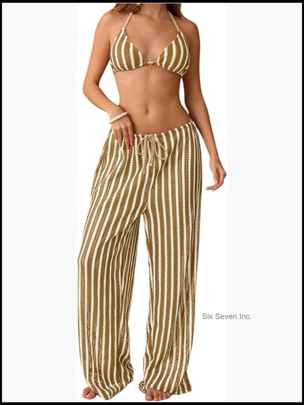 Crochet Striped Triangle Halter Bikini Set With Pants